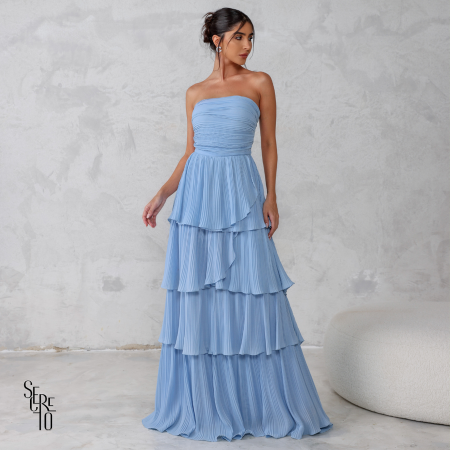 Vestido Longo TQC Plissado Camadas Lilla Azul Serenity