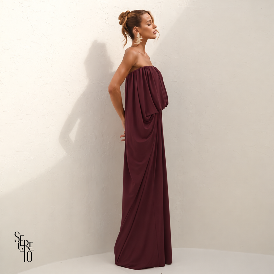 Vestido Longo Blusê Drapeado Hellena Beet