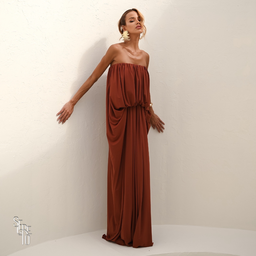 Vestido Longo Blusê Drapeado Hellena Terracota