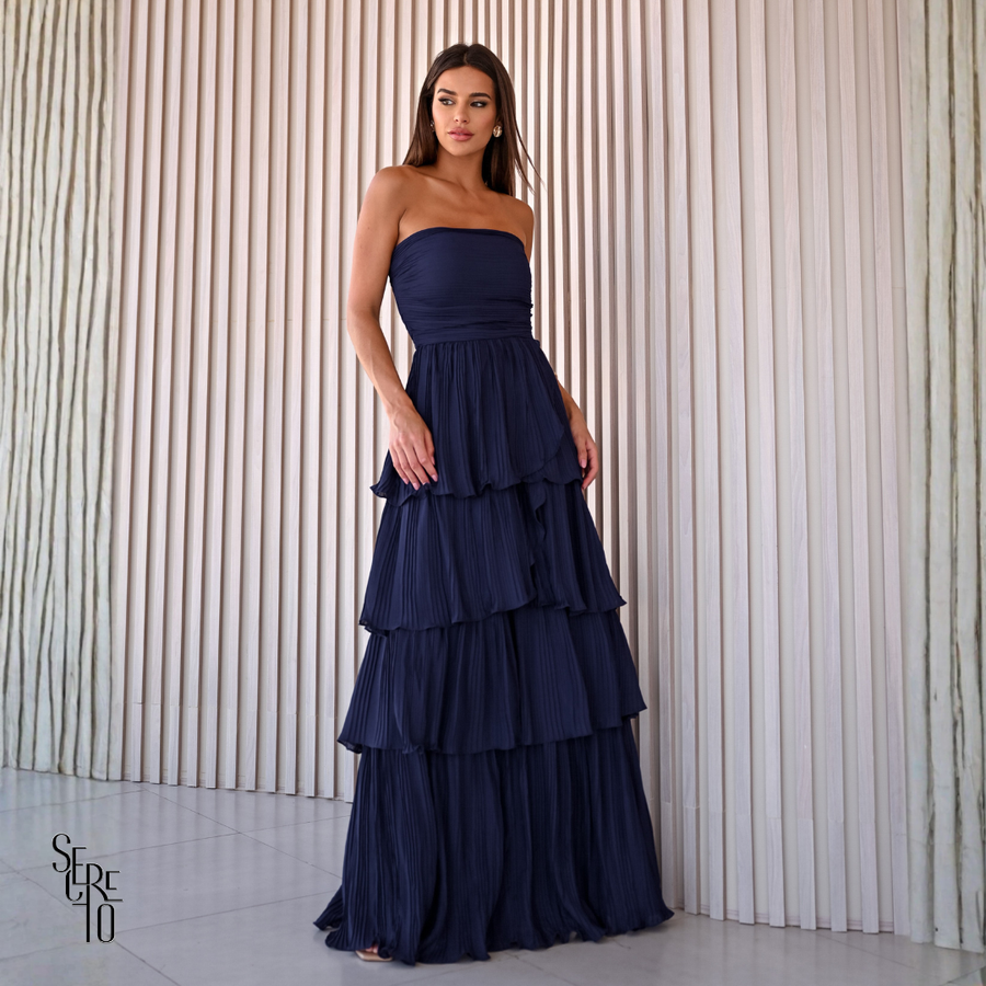 Vestido Longo TQC Plissado Camadas Lilla Azul Noite