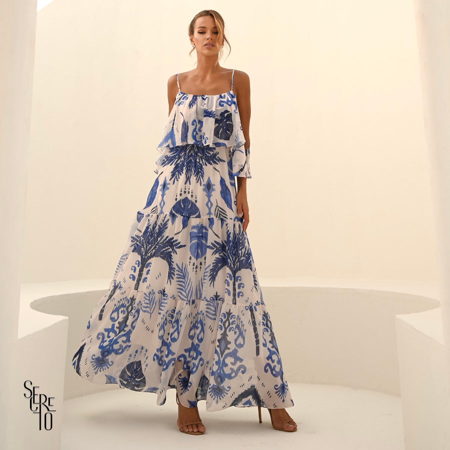 Vestido Longo Estampado Cigainha Ariele Azul