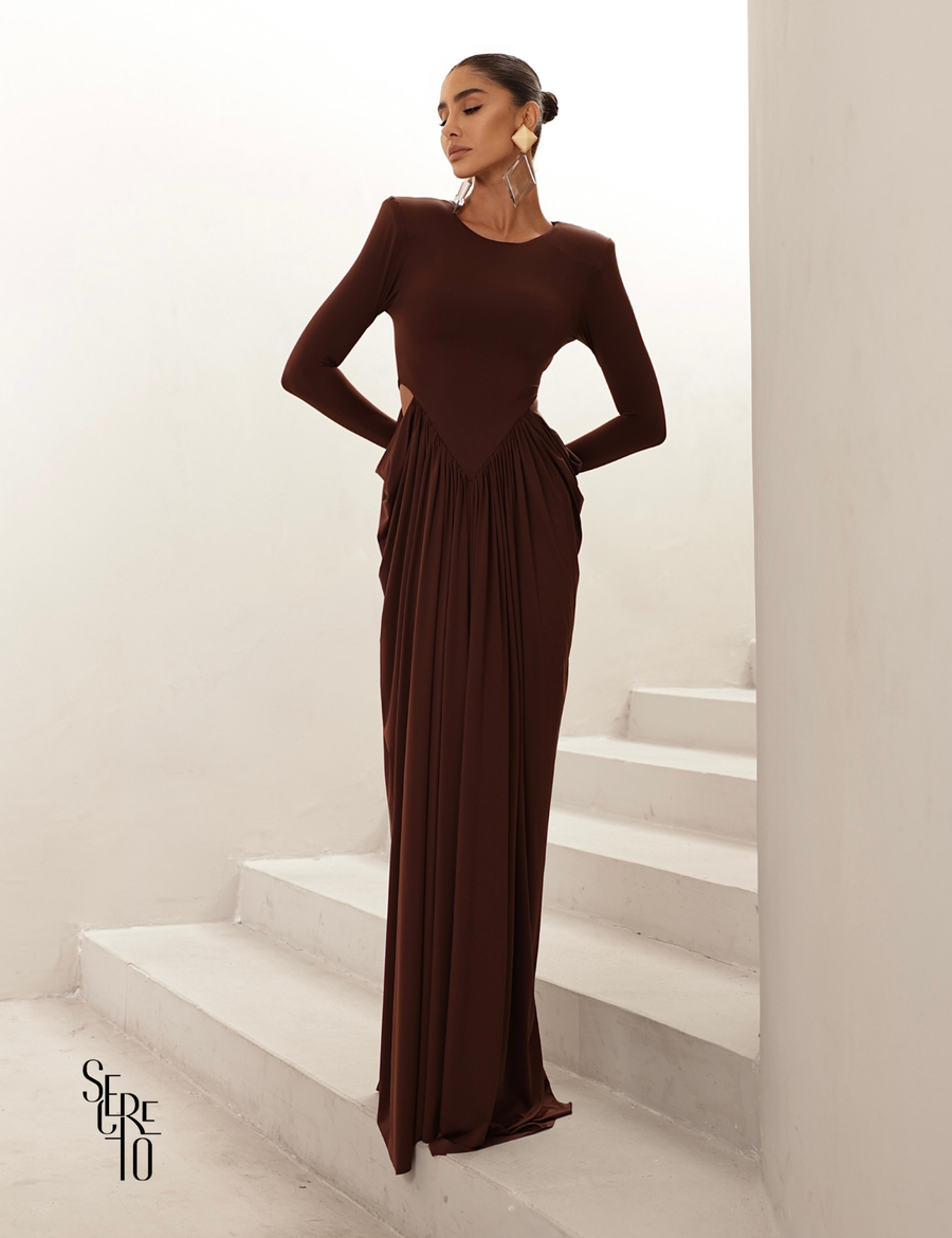 Vestido Longo Manga Longa Jessica Marrom