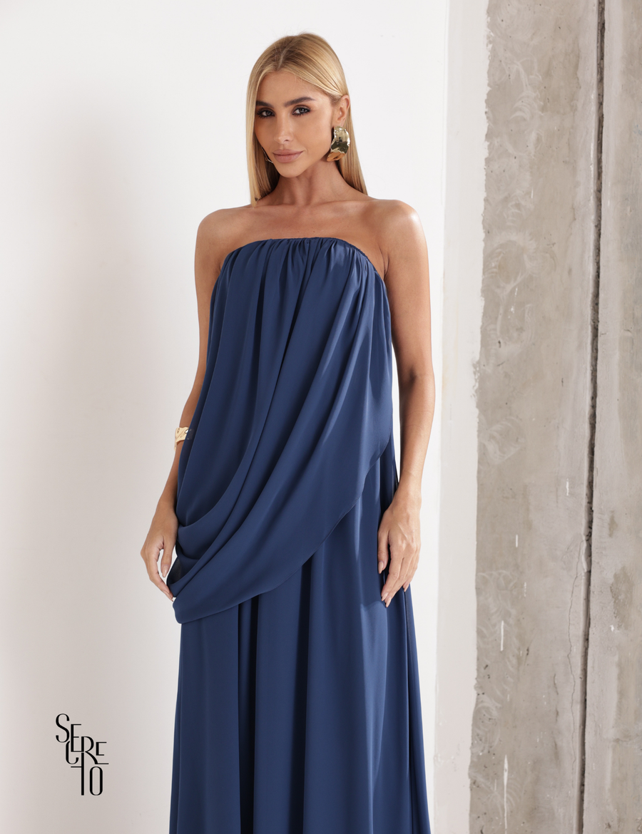 Vestido Longo Drapeado Fabiana Azul Indigo