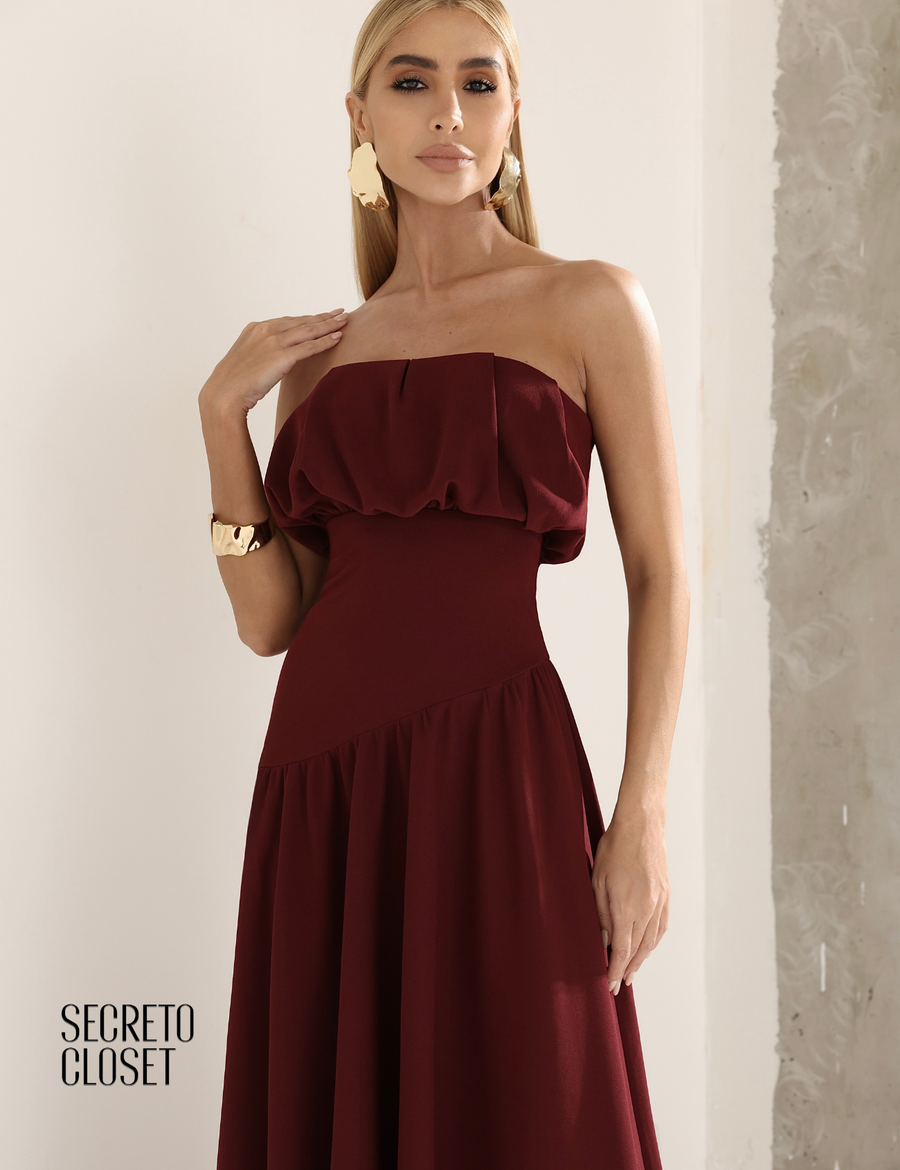 Vestido Longo Busto Pregas Mari Vinho