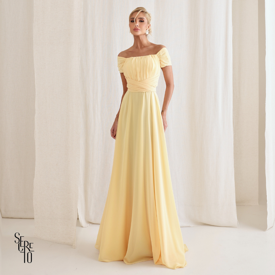 Vestido Longo Drapeado Com Faixa Zelia Camomila