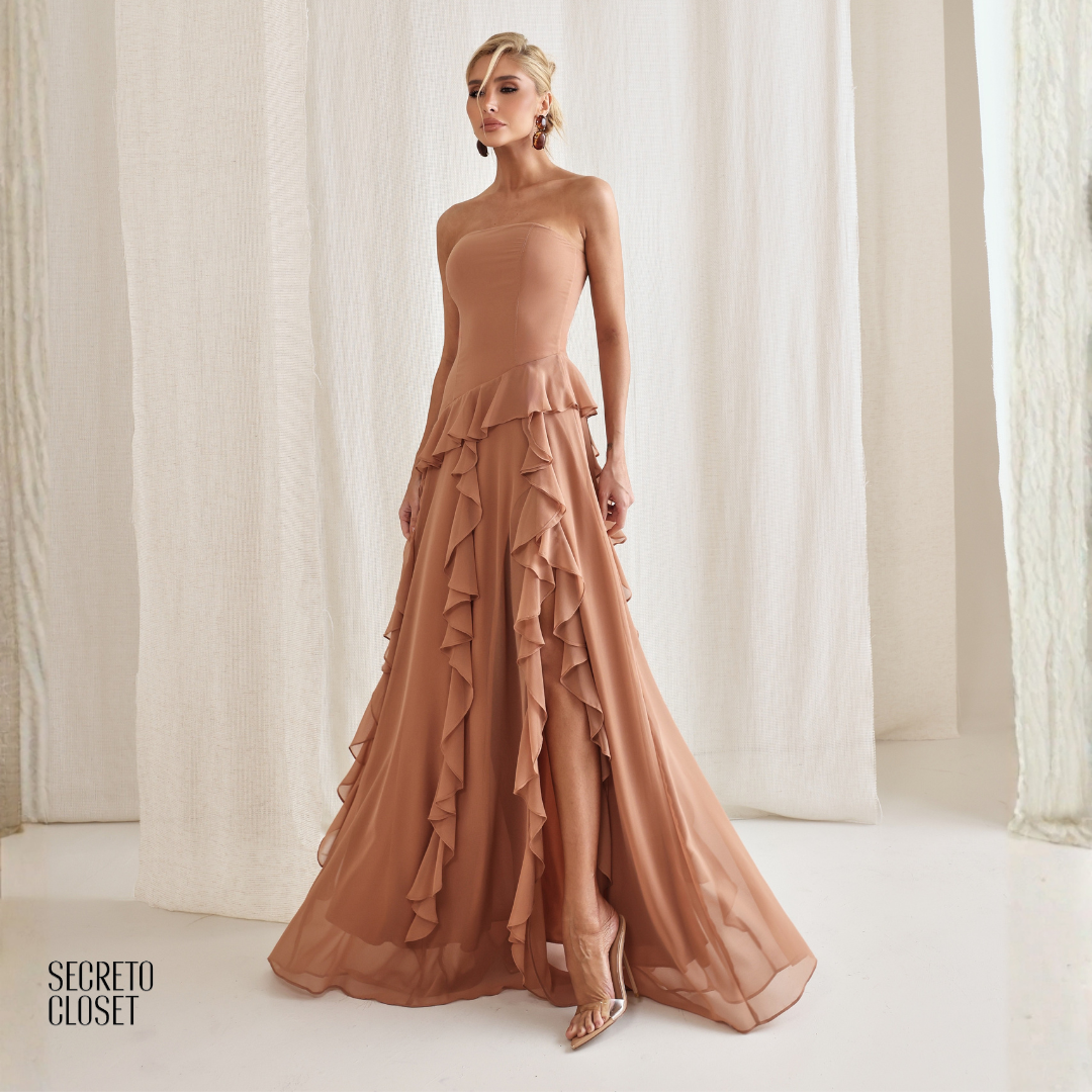 Vestido Longo Babados Eleonore Amendoa
