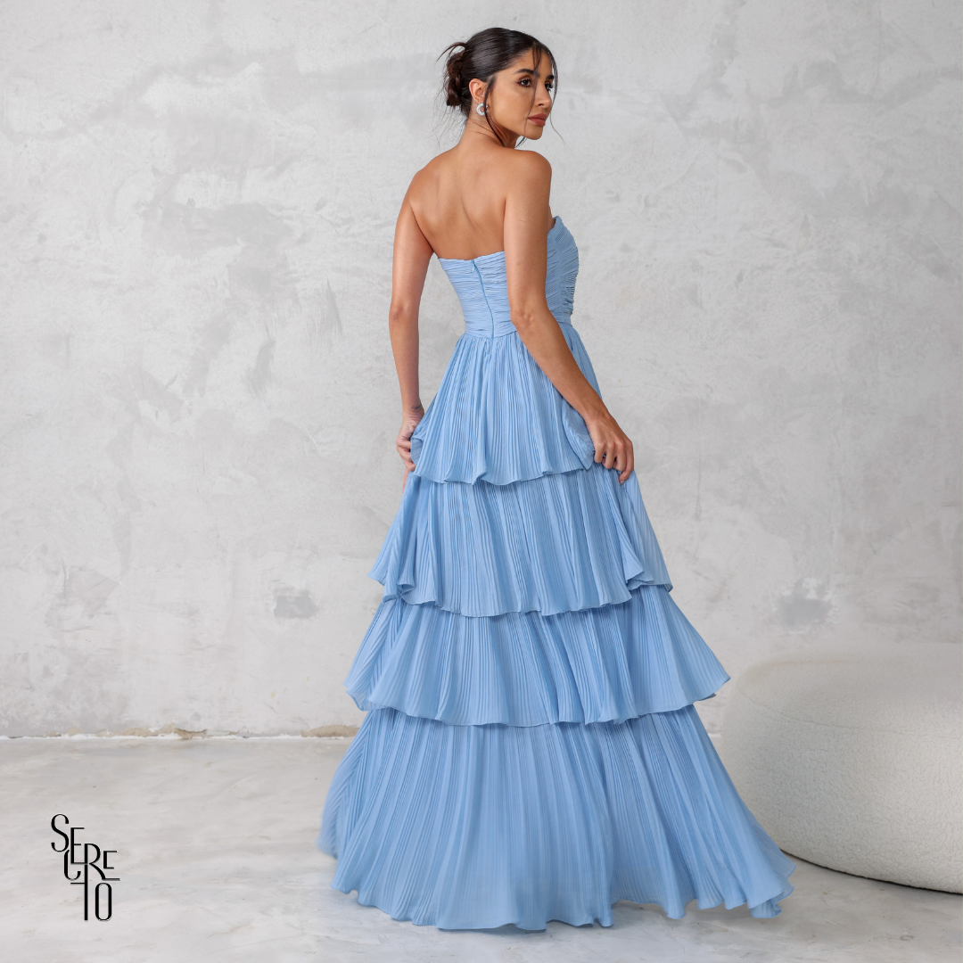 Vestido Longo TQC Plissado Camadas Lilla Azul Serenity