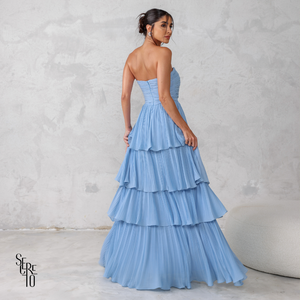 Vestido Longo TQC Plissado Camadas Lilla Azul Serenity