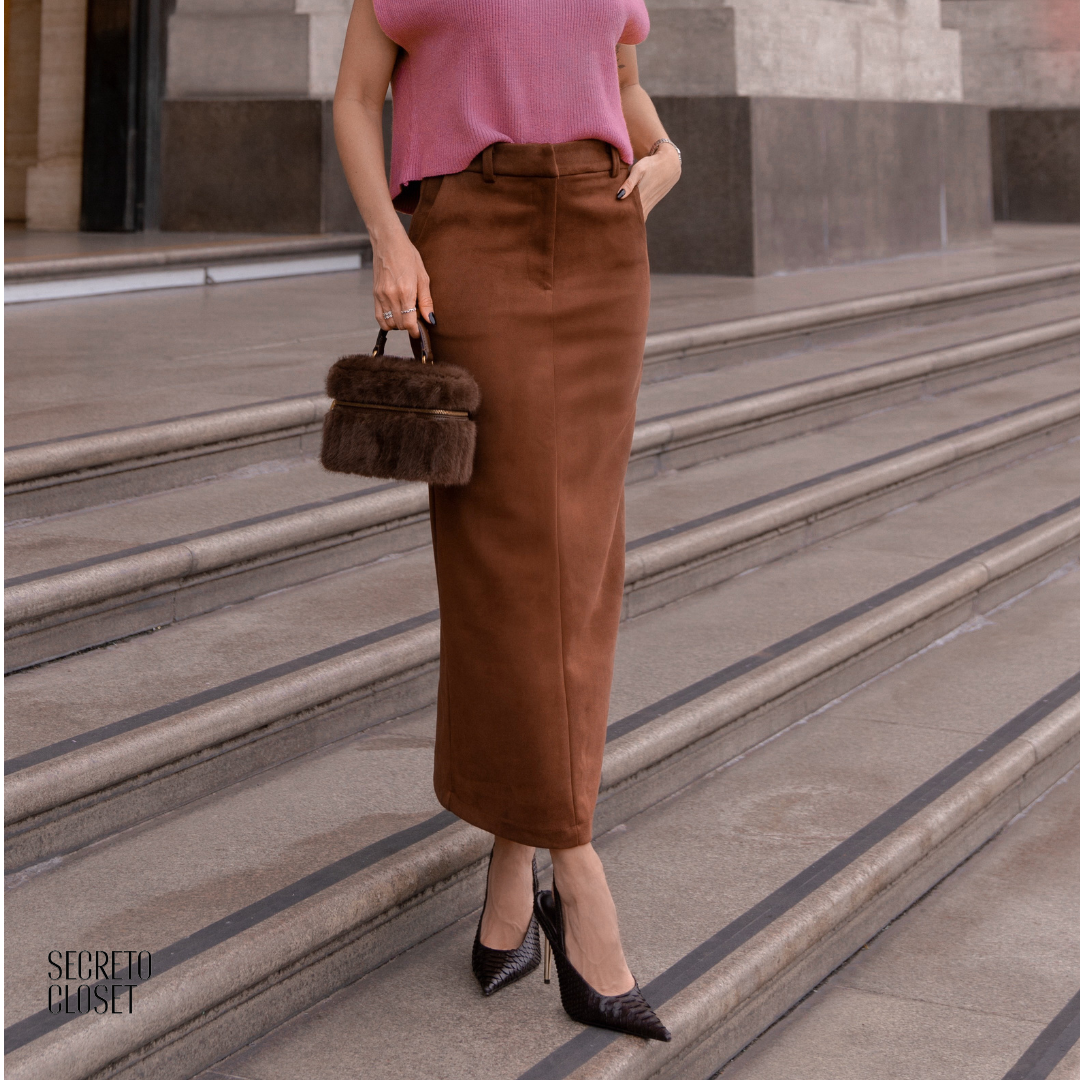 Saia Lápis Suede Valentina Camel