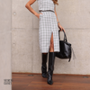Saia Midi Xadrez Fenda Catarina Cinza/Bege