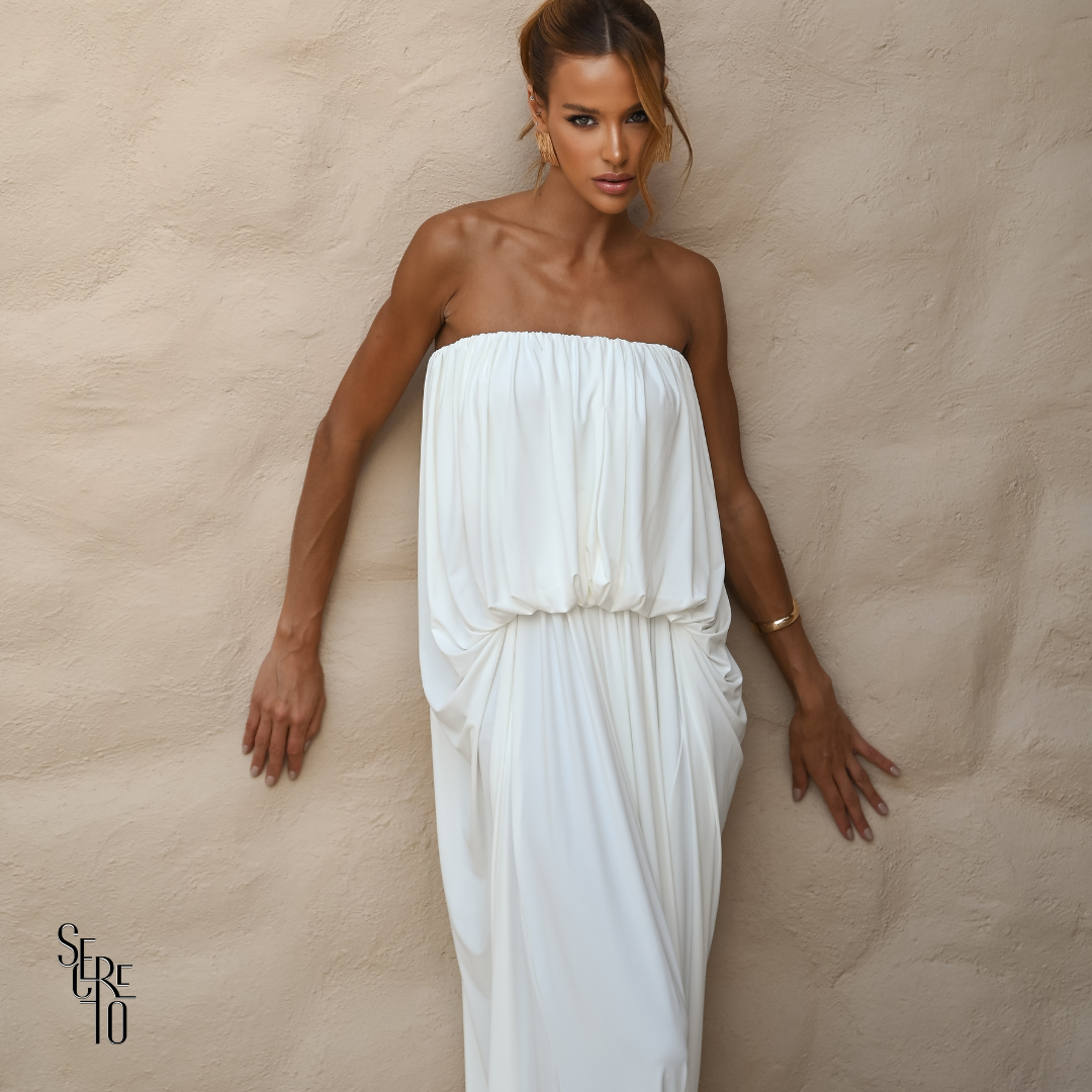 Vestido Longo Blusê Drapeado Hellena Branco