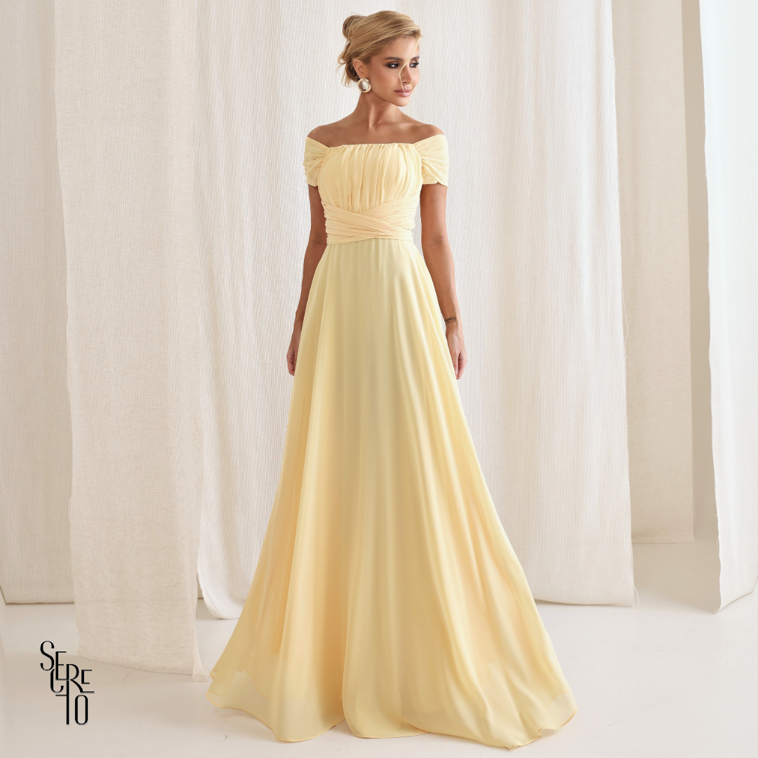 Vestido Longo Drapeado Com Faixa Zelia Camomila