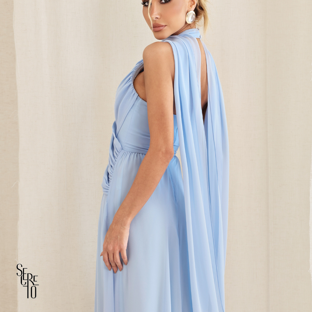 Vestido Longo Cruzado Capa Ottavia Azul Serenity