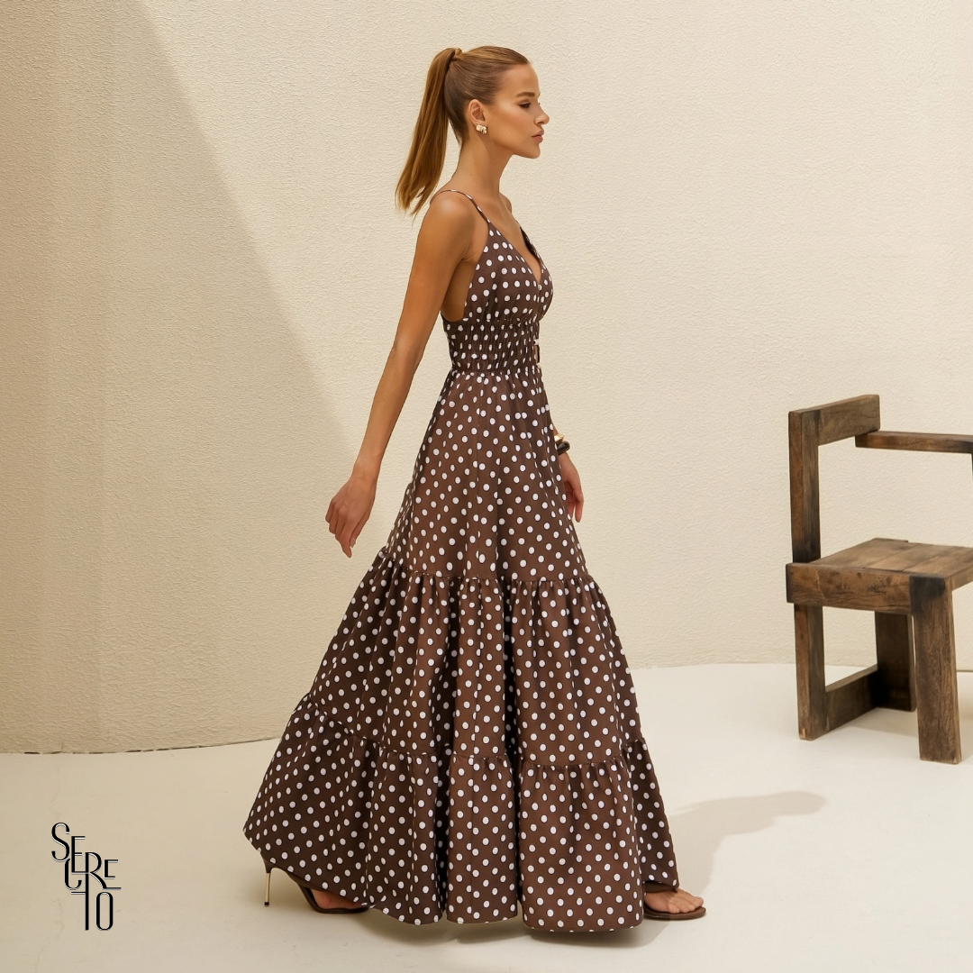 Vestido Longo Poá Fabricia Marrom