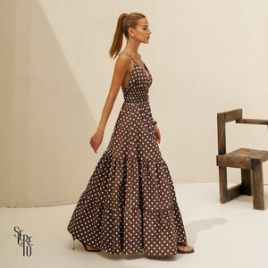 Vestido Longo Poá Fabricia Marrom