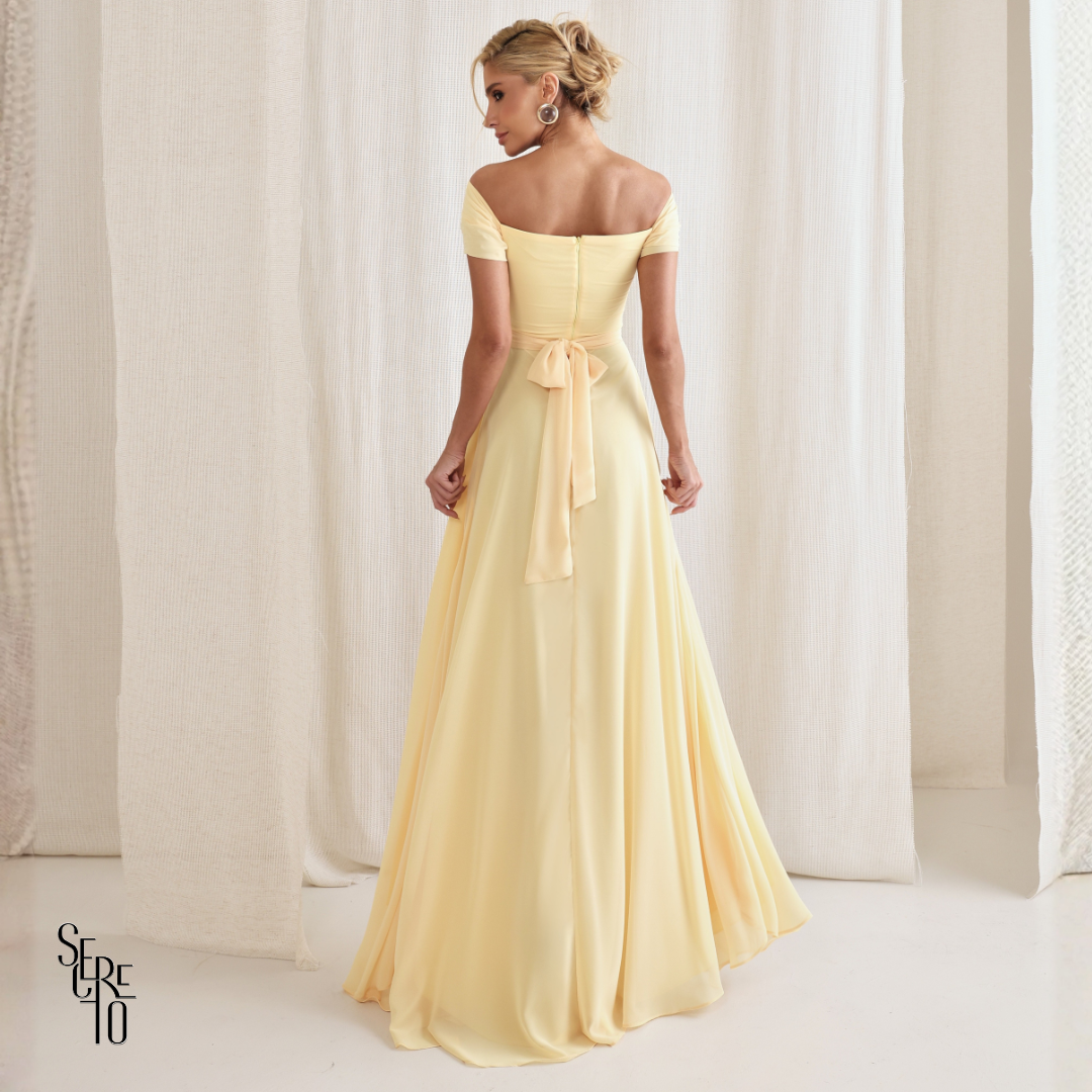 Vestido Longo Drapeado Com Faixa Zelia Camomila