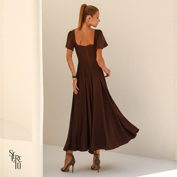 Vestido Longo Manga Sino Julia Marrom