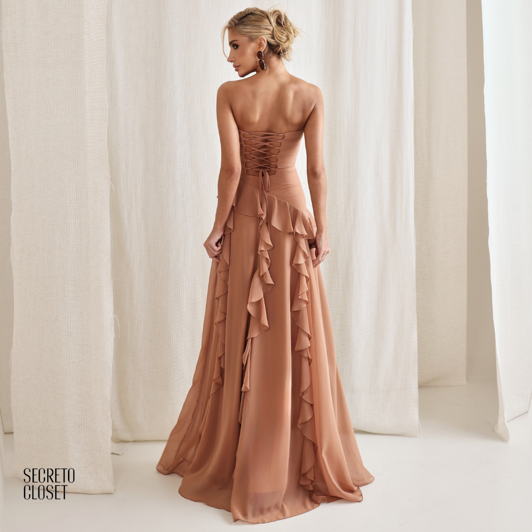 Vestido Longo Babados Eleonore Amendoa