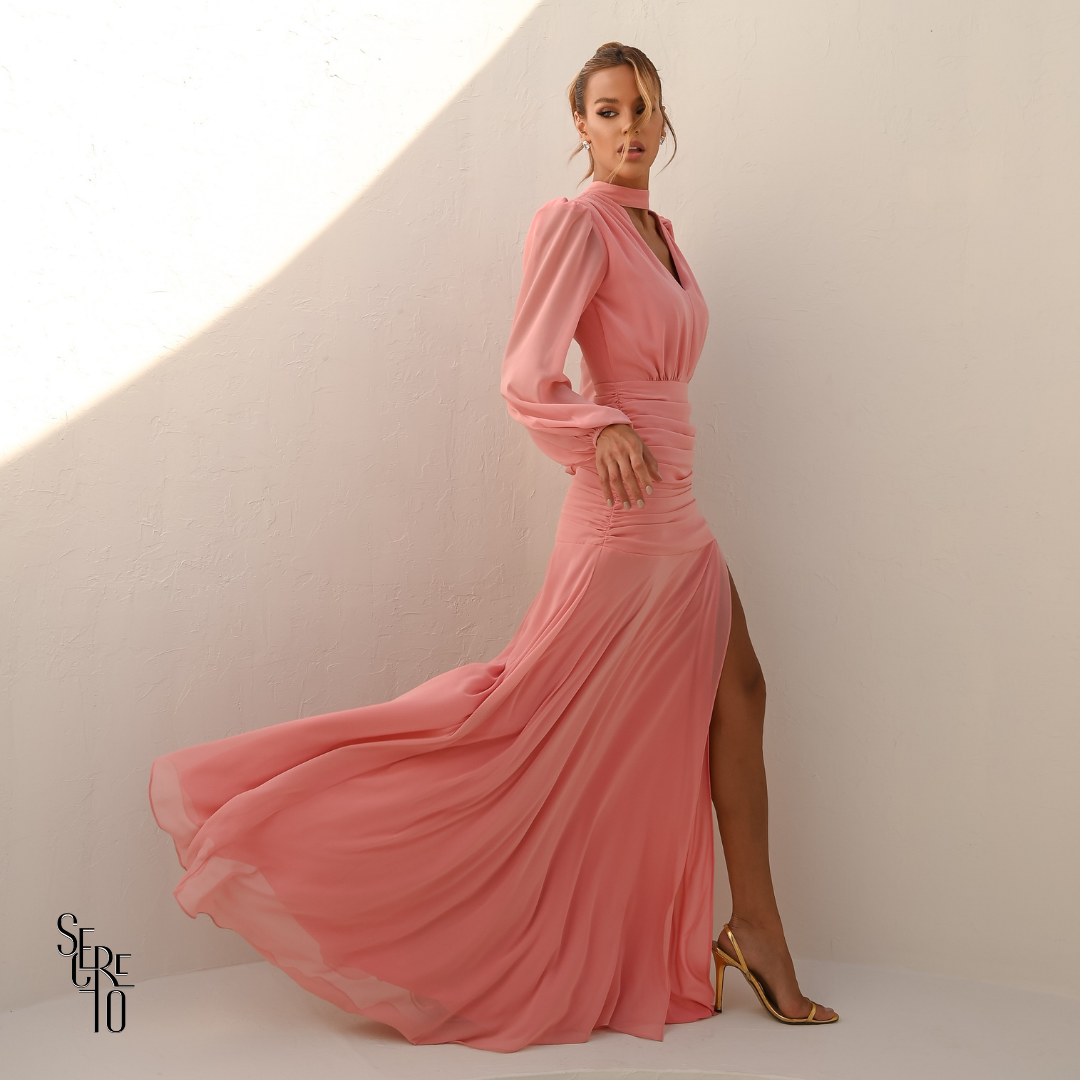 Vestido Longo Pala Franzida Calrisse Rosa