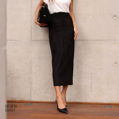 Saia Lápis Suede Valentina Preto