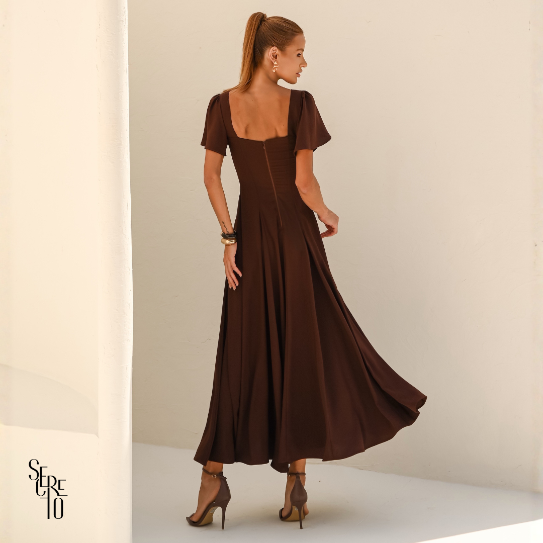 Vestido Longo Manga Sino Julia Marrom