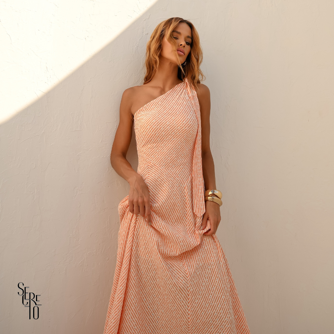 Vestido Longo Listrado Celine Salmão (com xuxinha)