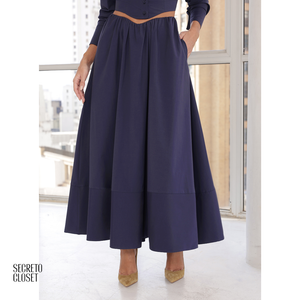 Conjunto Camisa e Saia Evasê Allana Azul Marinho