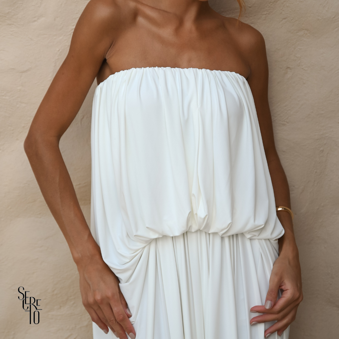 Vestido Longo Blusê Drapeado Hellena Branco