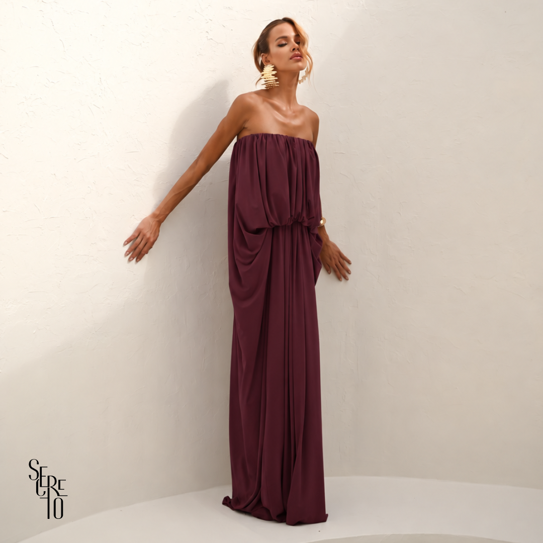 Vestido Longo Blusê Drapeado Hellena Beet