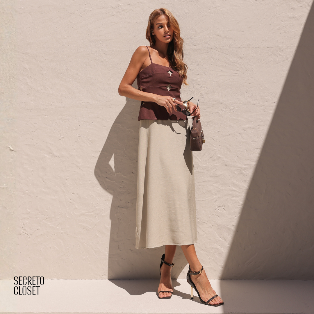Vestido Midi Bicolor Vanessa Marrom