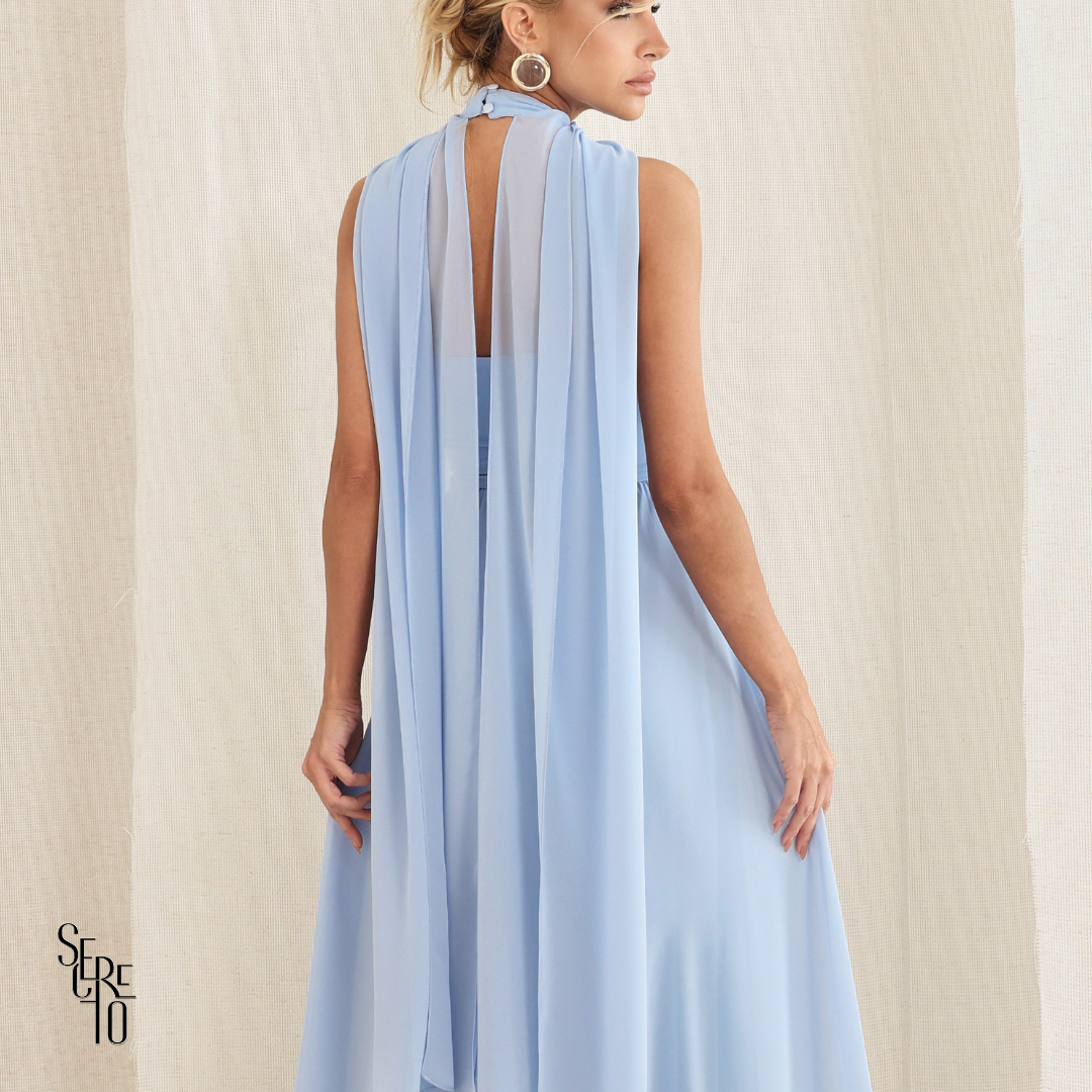 Vestido Longo Cruzado Capa Ottavia Azul Serenity