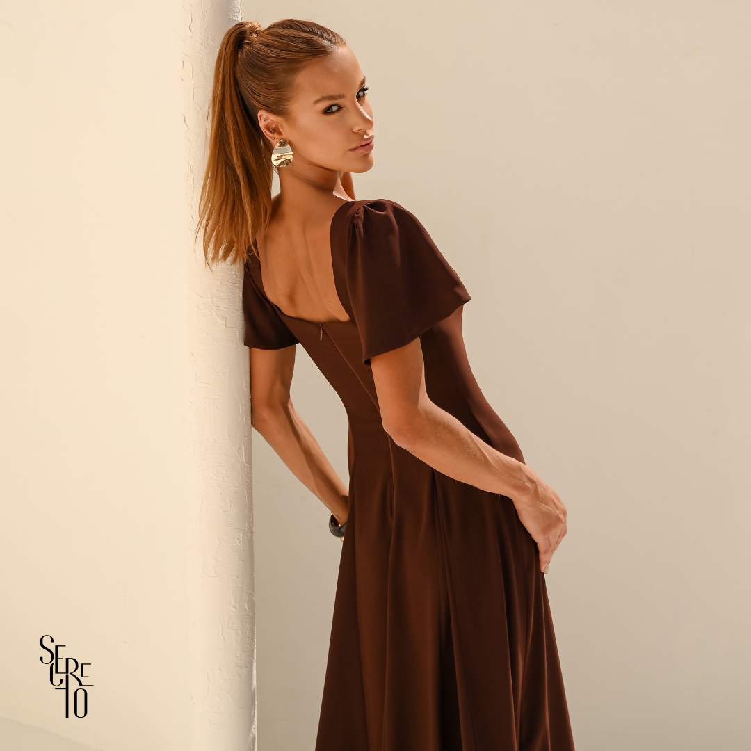 Vestido Longo Manga Sino Julia Marrom