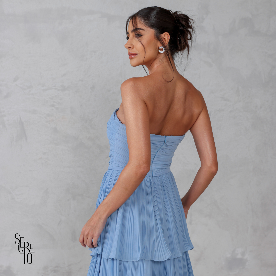 Vestido Longo TQC Plissado Camadas Lilla Azul Serenity