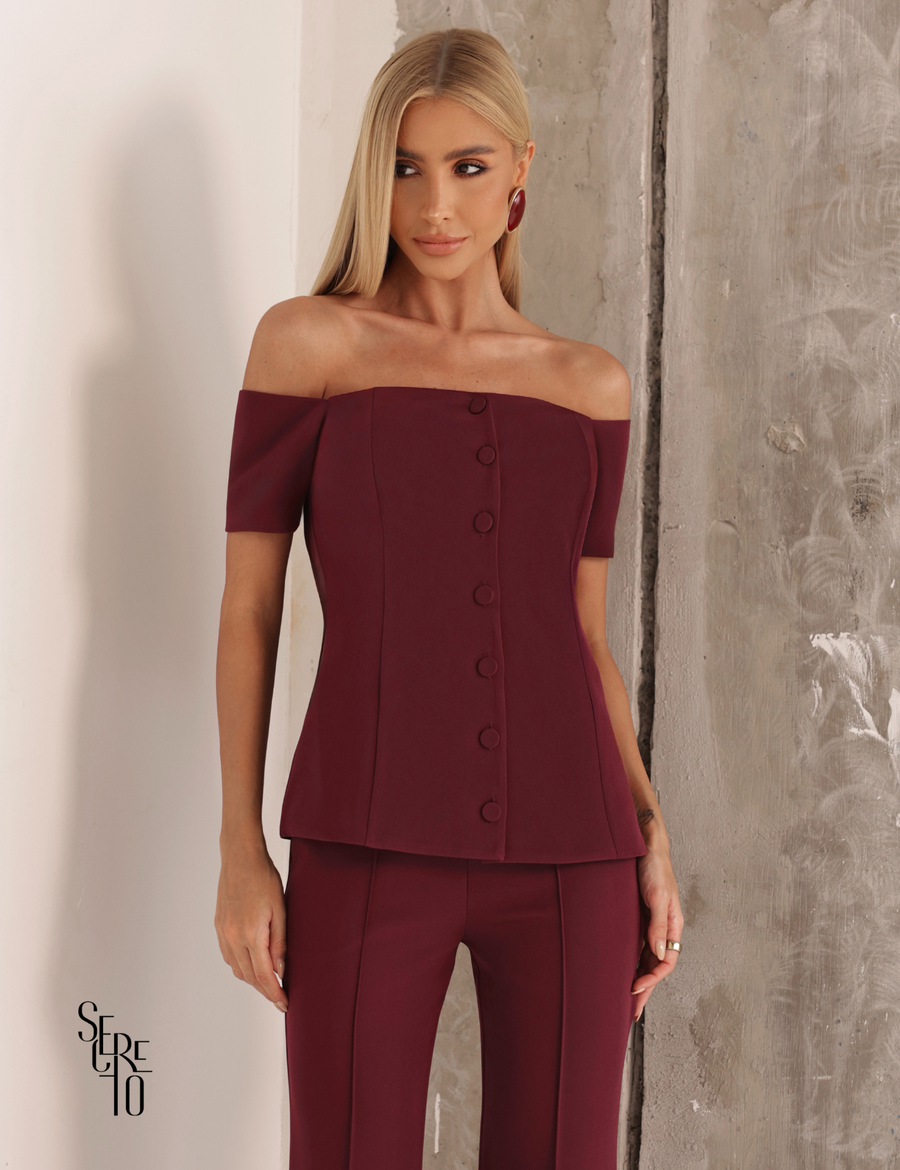 Conjunto Blusa Ombro e Calça Alfaiataria Anya Vinho