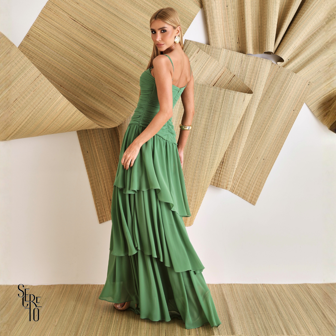 Vestido Longo Camadas Maura Eucalipto