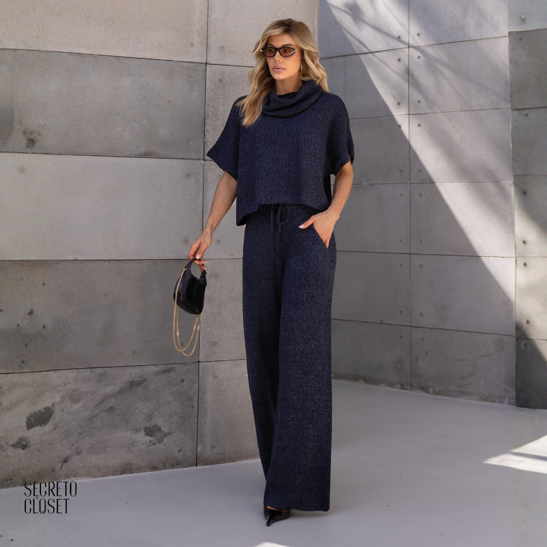 Conjunto Blusa e Calça Tricô Aline Azul Noite
