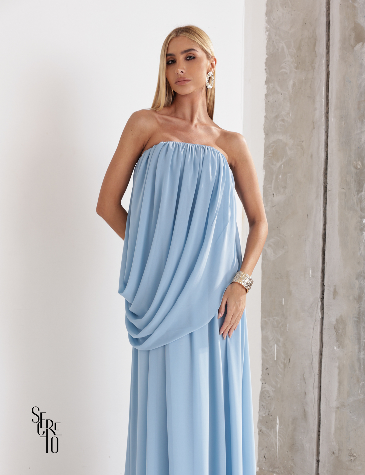 Vestido Longo Drapeado Fabiana Azul Serenity