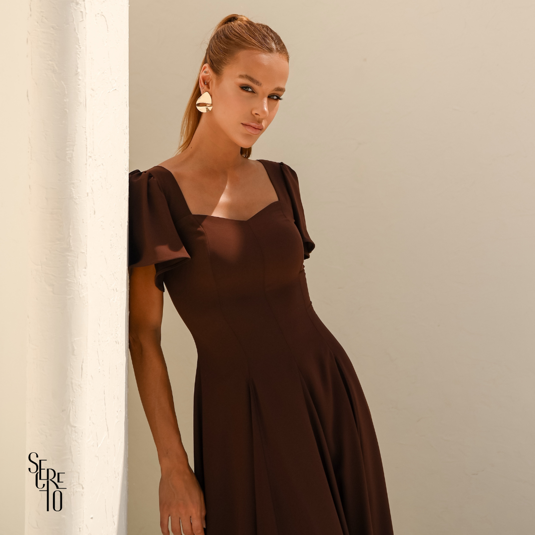 Vestido Longo Manga Sino Julia Marrom