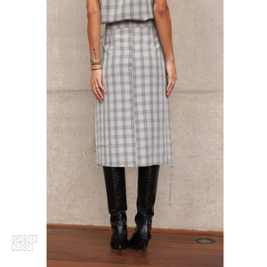 Saia Midi Xadrez Fenda Catarina Cinza/Bege