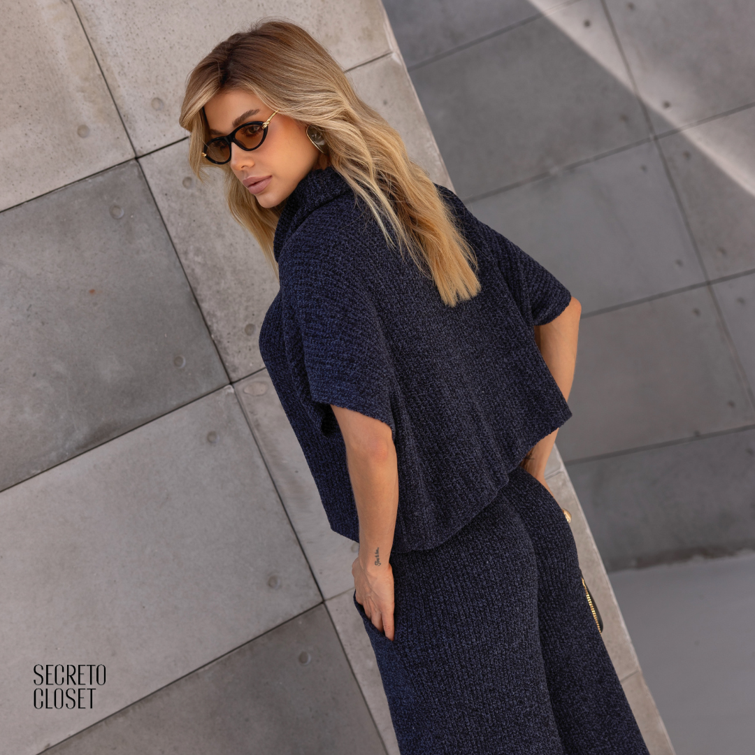 Conjunto Blusa e Calça Tricô Aline Azul Noite