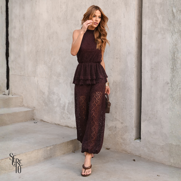 Conjunto Renda Aveludado Caterina Marrom
