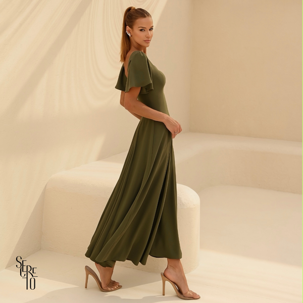 Vestido Longo Manga Sino Julia Verde Oliva