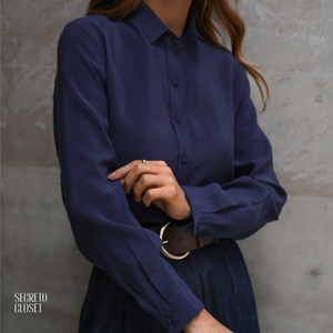 Camisa Punho Pregas Ayumi Azul Marinho