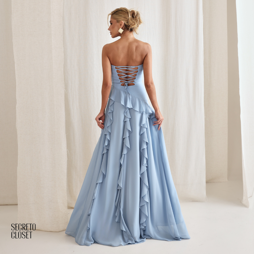 Vestido Longo Babados Eleonore Azul Serenity