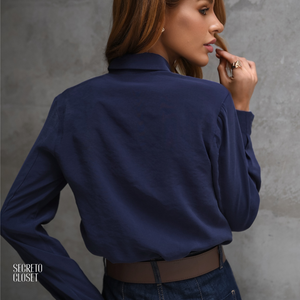 Camisa Punho Pregas Ayumi Azul Marinho