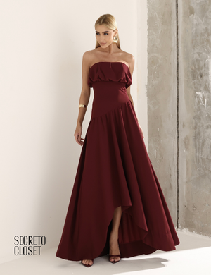 Vestido Longo Busto Pregas Mari Vinho