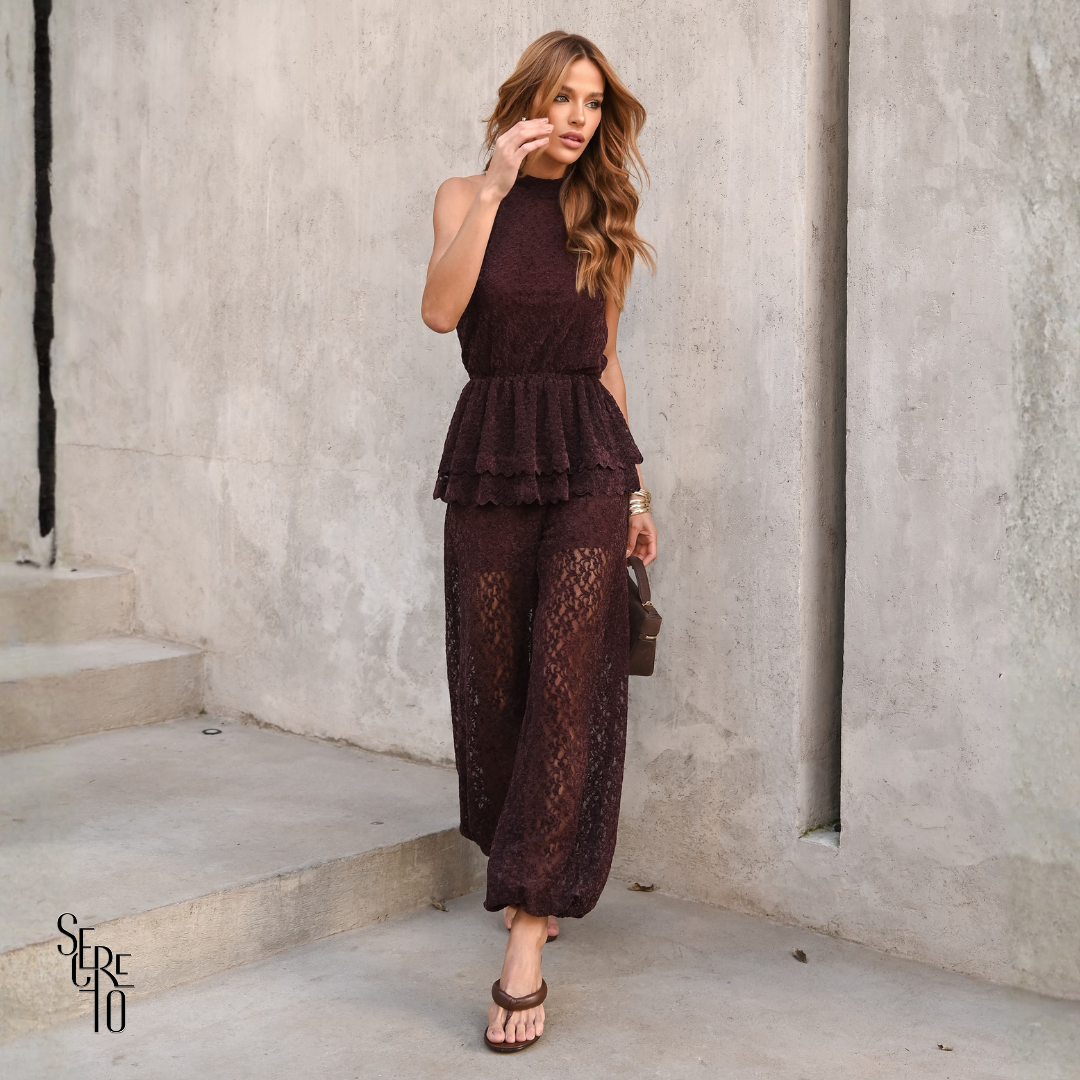Conjunto Renda Aveludado Caterina Marrom