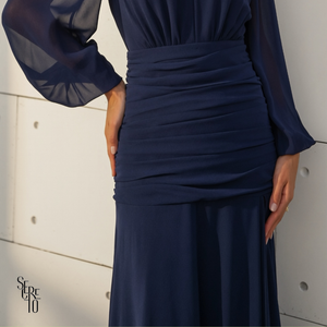 Vestido Longo Pala Franzida Calrisse Azul Marinho