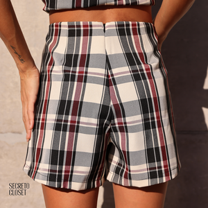 Short Saia Alfaiataria Xadrez Zoe Marrom