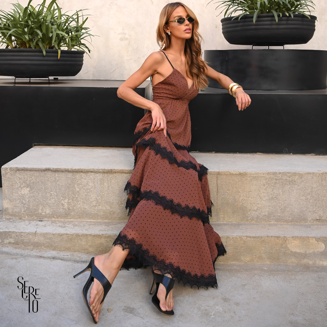 Vestido Longo Poé Renda Lolla Marrom